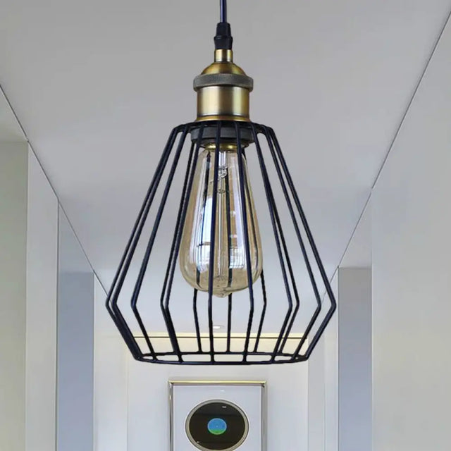 Metal Wire Cage Pendant Lamp - Black/Brass Warehouse Style Dining Table Lighting Black / C