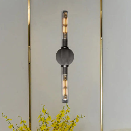 Metallic Black/Brass Tubular Sconce With Clear Glass Shade - Retro Style Wall Lamp (2-Head) Black