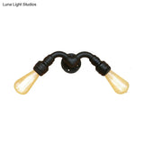 Metallic Black Vintage Bare Bulb Wall Sconce With Pipe Design - 2 Head Indoor Lamp