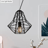 Metallic Industrial Cage Diamond Pendant Lighting - Black/White 1 Head For Dining Room 16’/19.5’ Dia
