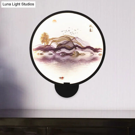 Metallic Led Wall Sconce Light - Brown/Purple Line Art Mural Lighting Asian Style For Bedroom