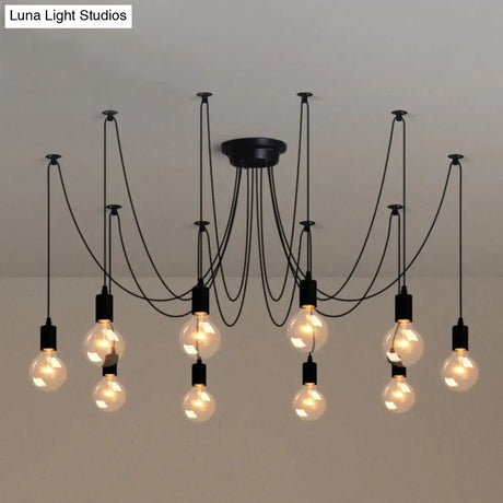 Black Industrial Swag Pendant Metallic Chandelier With Exposed Bulbs - Multi Light For Living Room
