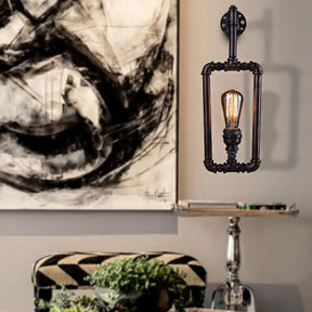 Metallic Water Pipe Industrial Wall Sconce - 1 Light Rectangle Lamp For Living Room In Black