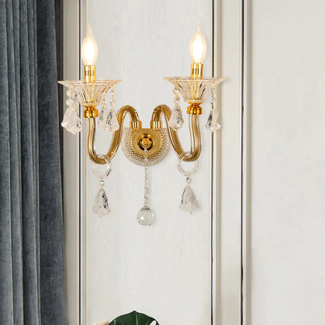 Mid-Century 1/2 Lights Wall Sconce With Brass Candle Design And Crystal Shade 2 /