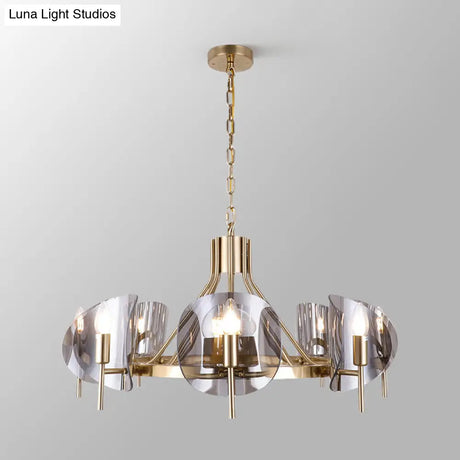 Mid-Century Curved Glass Chandelier Lamp - Open Bulb Design Gold Hanging 6/8-Bulb Fixture