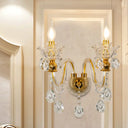 Mid-Century Gold 2-Light Candelabra Sconce: Clear Crystal Glass Wall Lamp For Living Room