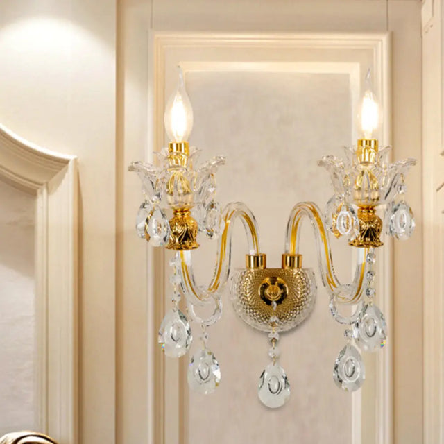Mid-Century Gold 2-Light Candelabra Sconce: Clear Crystal Glass Wall Lamp For Living Room