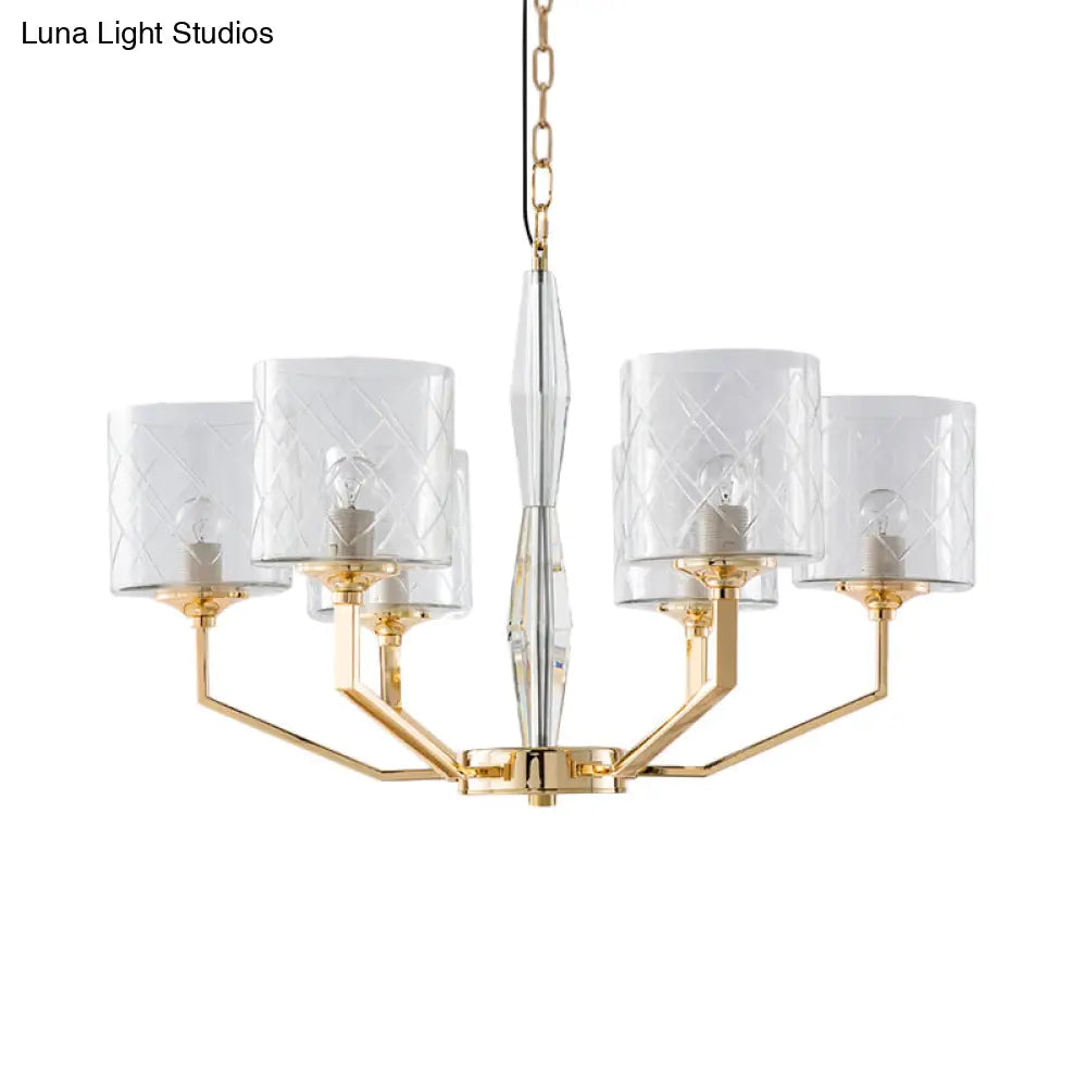 Mid Century Gold Lattice Glass Chandelier - 6 Lights Pillar Style - Bedroom Pendant Gold