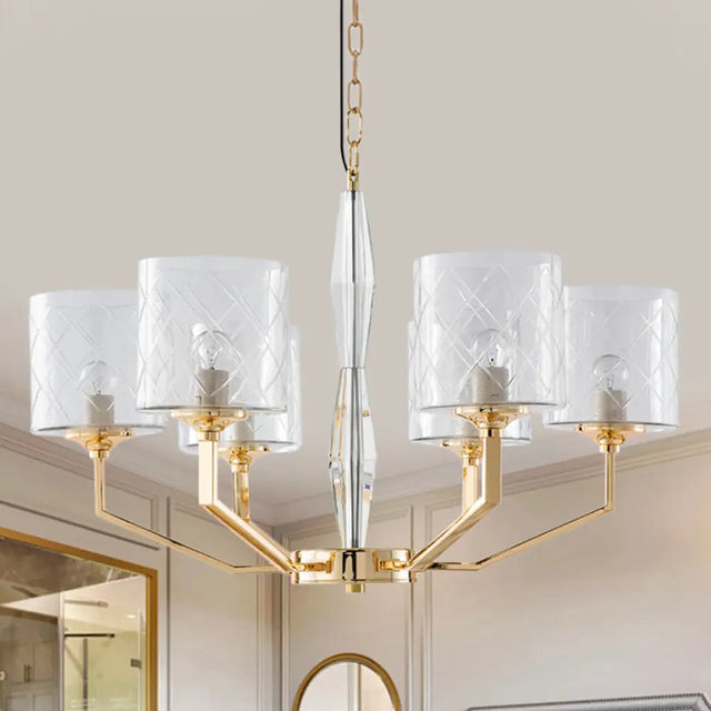 Mid Century Gold Lattice Glass Chandelier - 6 Lights Pillar Style - Bedroom Pendant Gold
