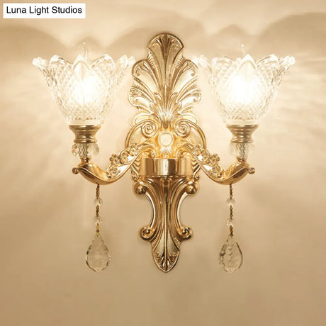 Mid-Century Gold Latticed Glass Wall Sconce - Flower Clear 1/2-Light Hallway Lighting