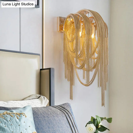Mid Century Gold/Silver Stacked Tassel Wall Lamp - 2 Bulb Metallic Sconce Light Fixture For Hotel