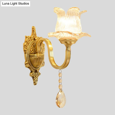 Mid Century Ribbed Glass Petals Sconce Light - Brass Corridor Wall Mount