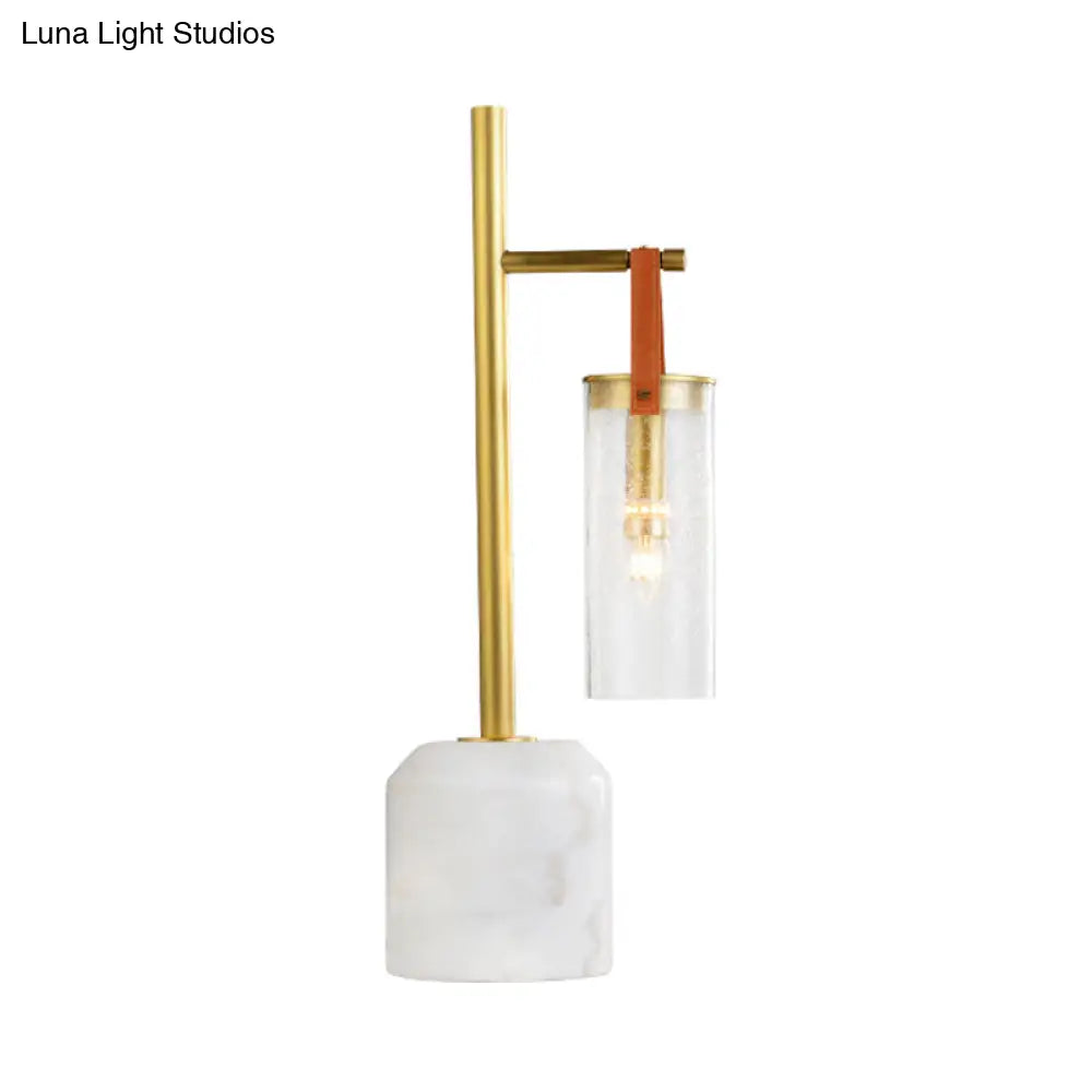 Mid Century Tube Seedy Glass Table Light With Leather Strap And Marble Base - Gold Finish