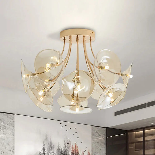 Mid - Century Wide Flare Amber Glass Semi Flush Light - Gold Finish Ceiling Fixture For Living Room