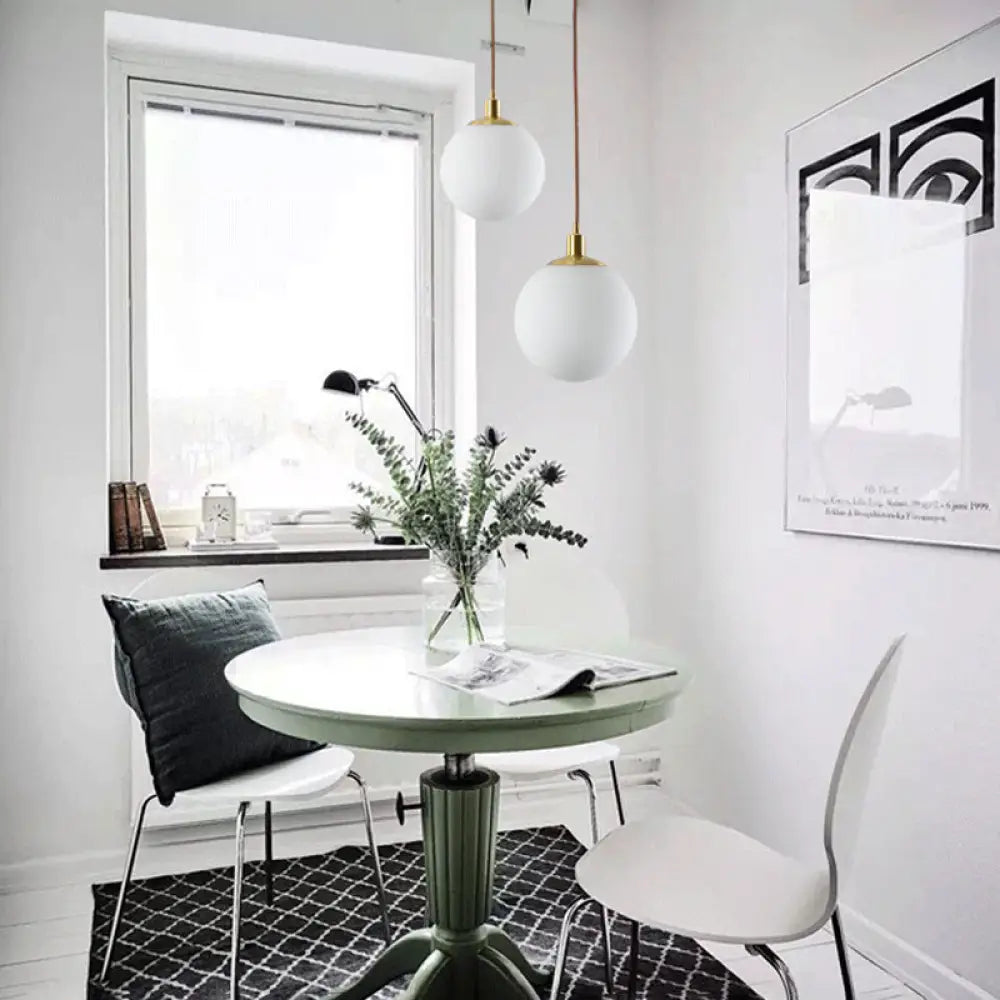Milky Glass Ball Pendant Light: Modern Led Ceiling Lamp In Brass (6’/8’/10’ Wide) / 6’