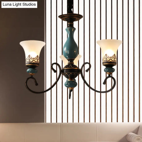 Milky Glass Bell Shade Pendant Light In Rustic Blue - 3/5/6-Head Chandelier For Unique Lighting
