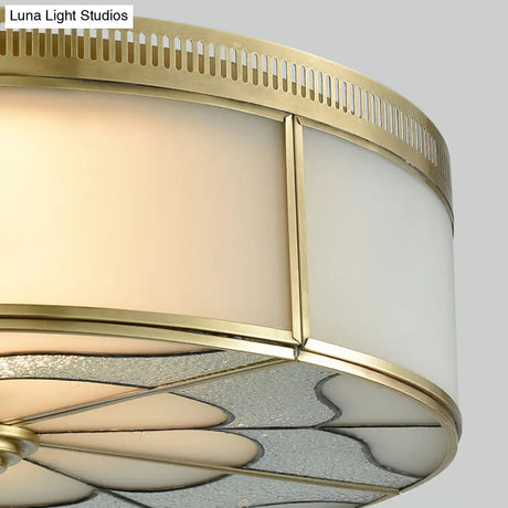 Milky Glass Ceiling Mounted Fixture: Colonial 3-Bulb Bedroom Flush Mount Lamp In Brass