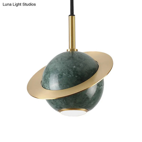 Mini Planet Kitchen Pendant In Green/White/Black-Brass: Modern Ceiling Lamp With Marble And 1 Bulb