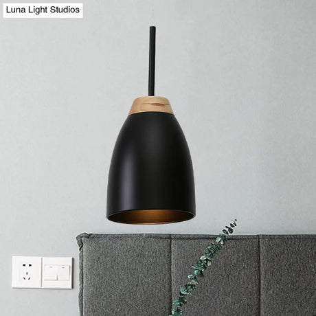 Minimal Metal Pendant Light With Bell Drop Design - White/Black And Wood Finish Ideal For Table Or