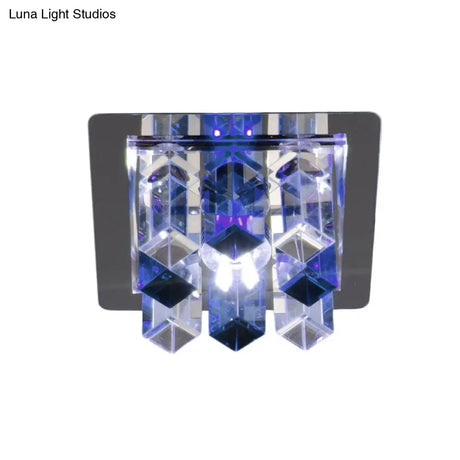Minimal Square Led Flush Mount Light With Crystal Block - Blue/Clear/Tan Ideal For Hallway Ceiling
