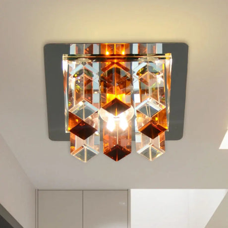 Minimal Square Led Flush Mount Light With Crystal Block - Blue/Clear/Tan Ideal For Hallway Ceiling
