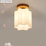 Minimalism 1 Bulb Wood Flushmount Light For Corridor - Milky Glass Prism Floral Ceiling Flush