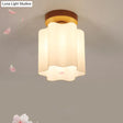 Minimalism 1 Bulb Wood Flushmount Light For Corridor - Milky Glass Prism Floral Ceiling Flush