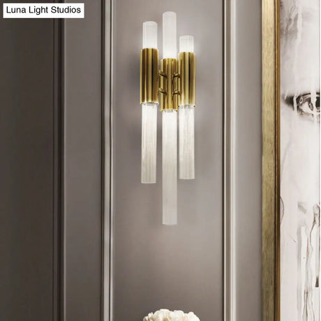 Minimalism Brass Pipe Sconce Light With Crystal Shade - 3 Lights Wall Mounted Fixture