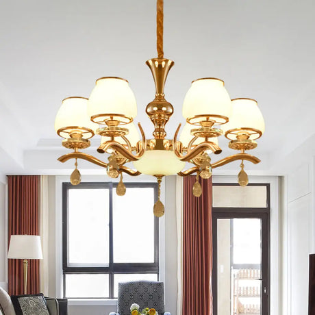Minimalist 6-Head Gold Cone Ceiling Chandelier – Bedroom Crystal Hanging Lamp