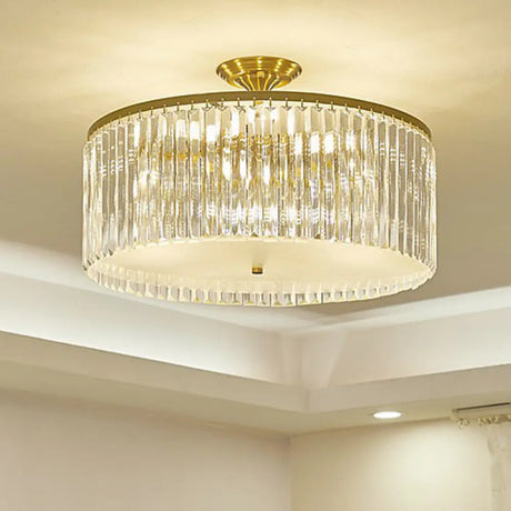 Minimalist Bedroom Sparkle: Clear Crystal Drum Semi-Flush Mount Ceiling Light With A Design / 21.5’