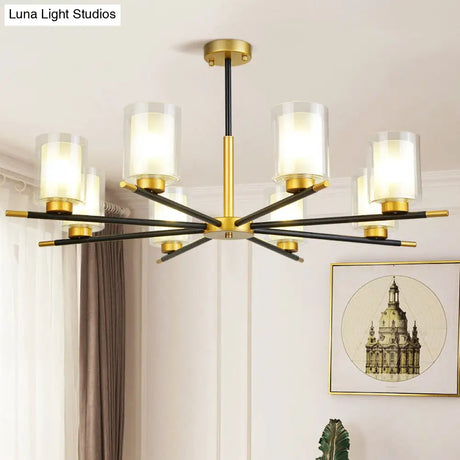 Minimalist Black-Brass Suspension Lamp: Clear + Frosted Cylinder Design For Dining Room Chandelier
