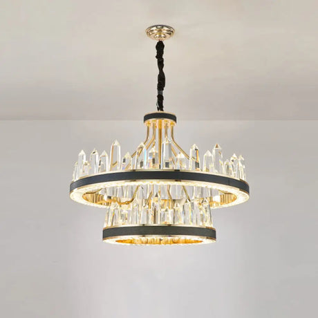 Minimalist Black Crystal Pendant Chandelier For Living Room Décor / 2 Tiers 31.5’’