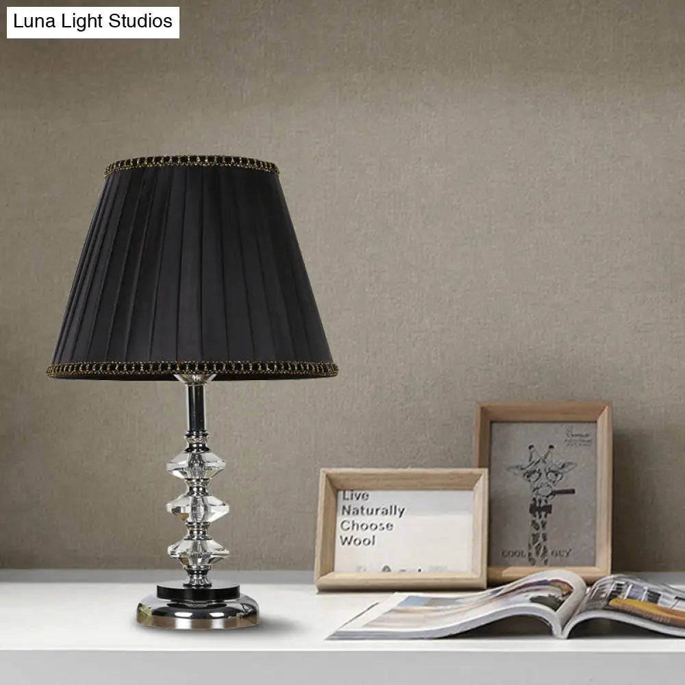 Minimalist Black Fabric Conical Nightstand Lamp With Crystal Deco - Bedroom Table Light