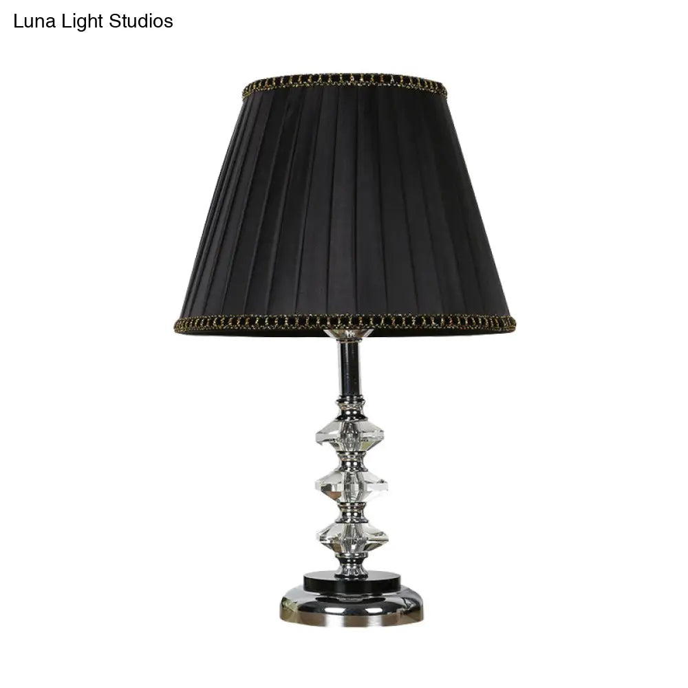 Minimalist Black Fabric Conical Nightstand Lamp With Crystal Deco - Bedroom Table Light