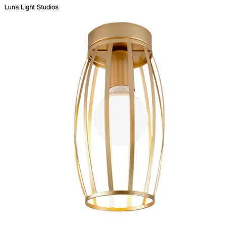Minimalist Black/Gold Oval Cage Flush Mount Ceiling Fixture With 1 Bulb For Hallway