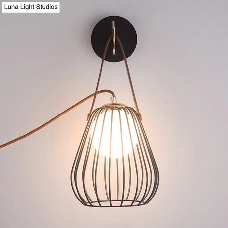Minimalist Black Led Wall Sconce With Leather Handle - Pear Cage Iron Design
