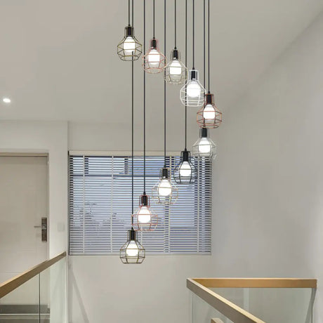 Minimalist Black Metal Grenade Cage Pendant Light For Staircase With Multiple Lights 10 /