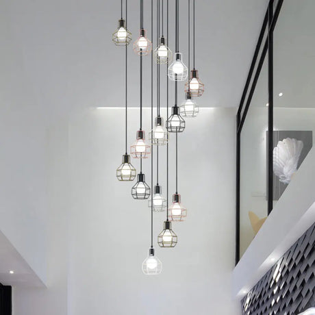 Minimalist Black Metal Grenade Cage Pendant Light For Staircase With Multiple Lights 15 /