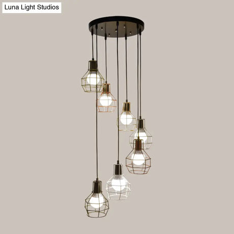 Minimalist Black Metal Grenade Cage Pendant Light For Staircase With Multiple Lights