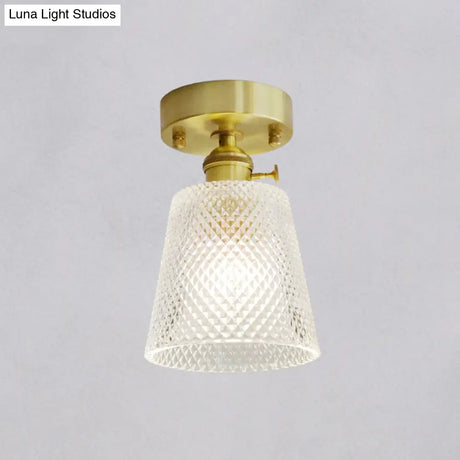 Minimalist Brass 1 - Head Ceiling Light With Carved Glass Shade For Corridors