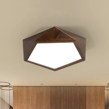Minimalist Brown Wooden Flush Mount Led Ceiling Lamp - Faceted Pentagon Design (13’/16’/19.5’