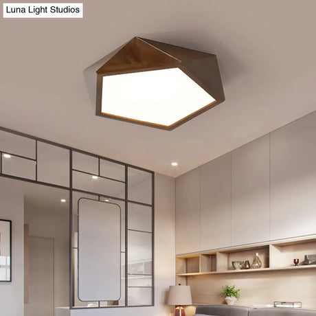 Minimalist Brown Wooden Flush Mount Led Ceiling Lamp - Faceted Pentagon Design (13’/16’/19.5’ Wide)