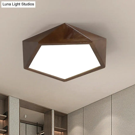 Minimalist Brown Wooden Flush Mount Led Ceiling Lamp - Faceted Pentagon Design (13’/16’/19.5’ Wide)