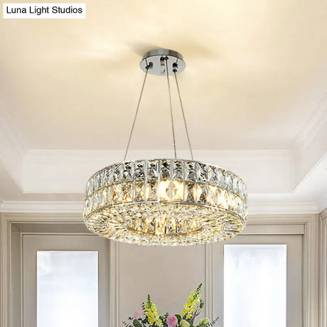 Minimalist Chrome Chandelier With Beveled Crystal Prisms - Circle Design 8-Bulb Pendant Light For