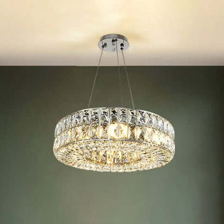 Minimalist Chrome Chandelier With Beveled Crystal Prisms - Circle Design 8-Bulb Pendant Light For