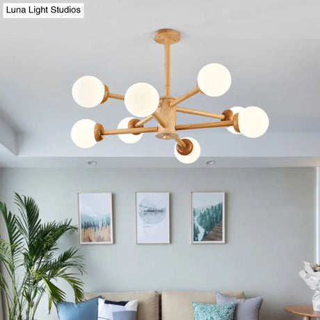 Sleek Minimalist Cream Glass Bedroom Chandelier Light With Wood-Embellished Modo Shaped