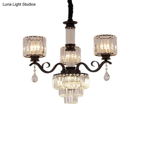 Minimalist Crystal 3-Head Chandelier Lamp In Black/Gold For Restaurants - Clear 3-Tier Design With