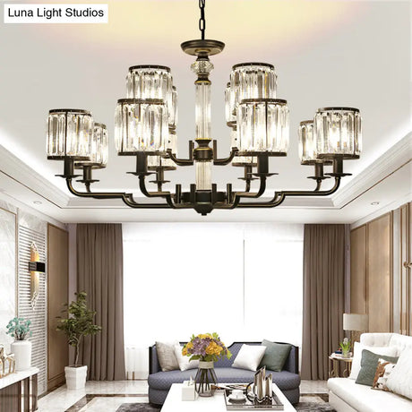 Minimalist Crystal Cylinder Pendant Lamp: Black Finish Chandelier For Bedroom