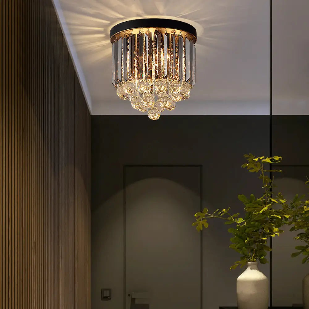 Minimalist Crystal Flushmount Lighting - Black Cylindrical Corridor Ceiling Flush Light