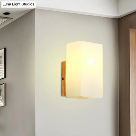 Minimalist Cube Wall Sconce With Opal Glass And Wood Detail